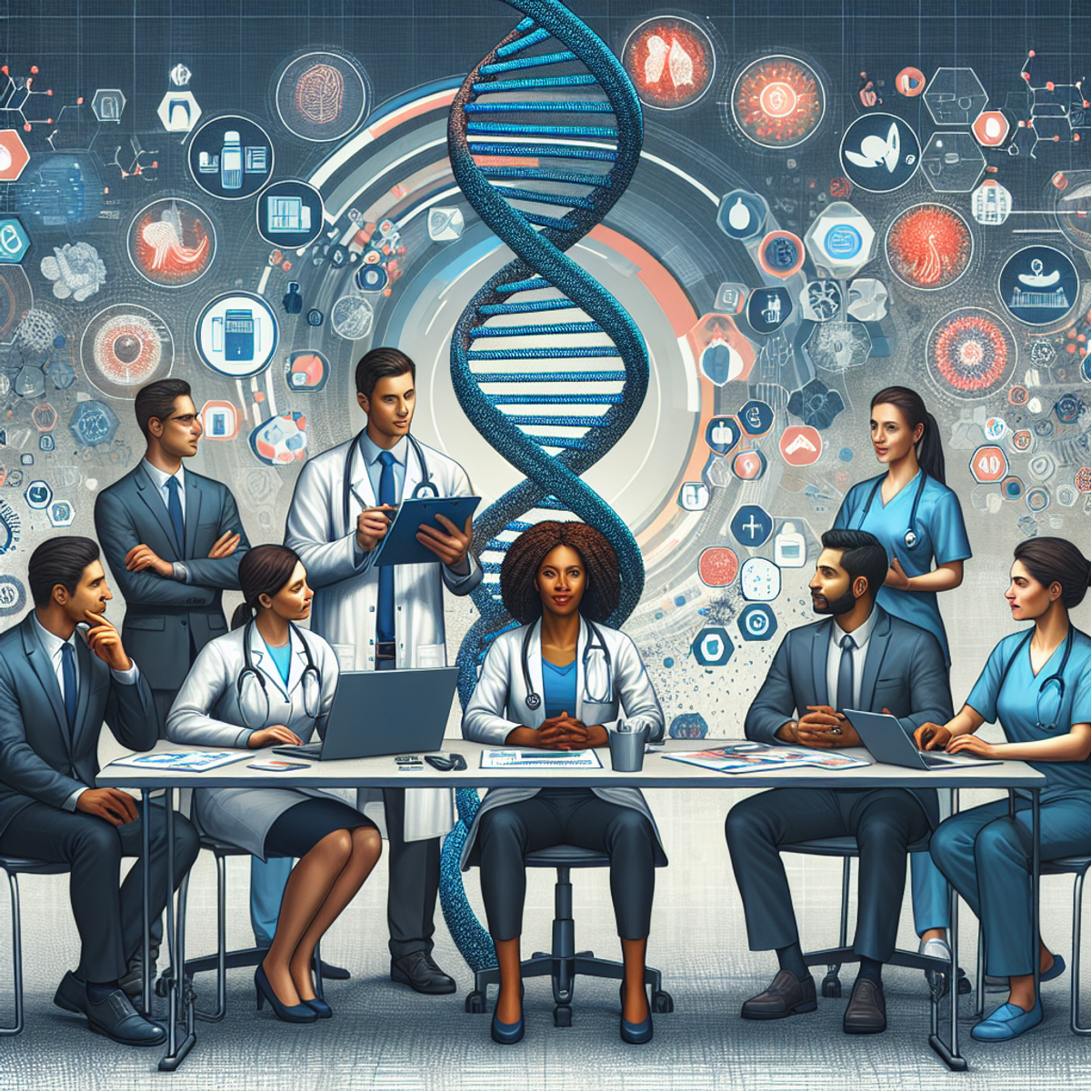 A diverse group of healthcare professionals discussing HCC medical coding, with symbols of risk adjustment and diagnostic codes in the background.